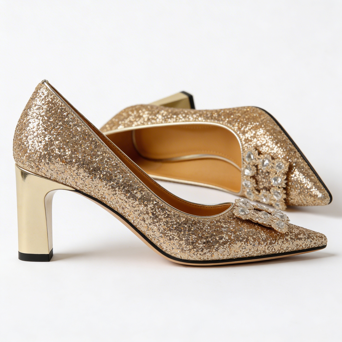 Glitter Crystal Brooch Pointed Toe Block Heel Pumps