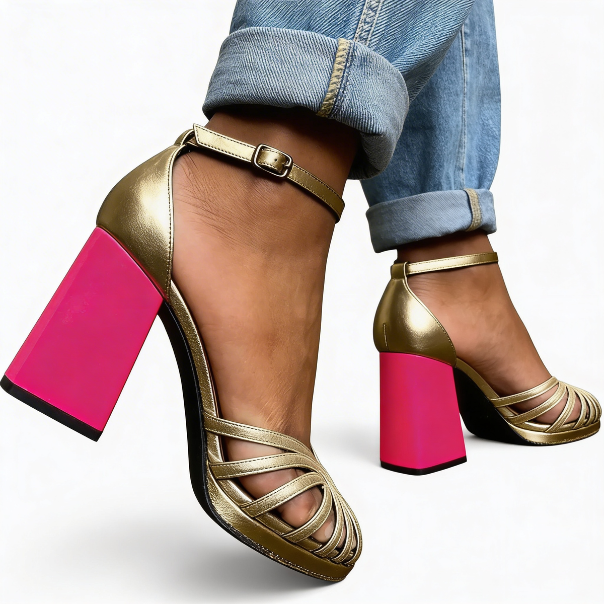 Open Toe Strappy Ankle Strap Block Heel Sandals