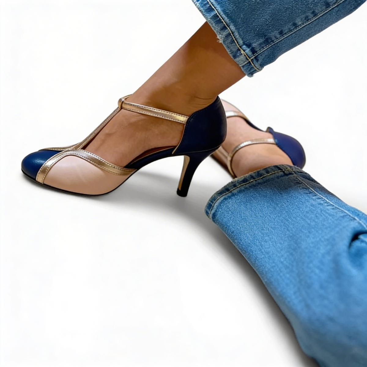 Round Toe T-Strap Ankle Strap Stiletto Heel Pumps