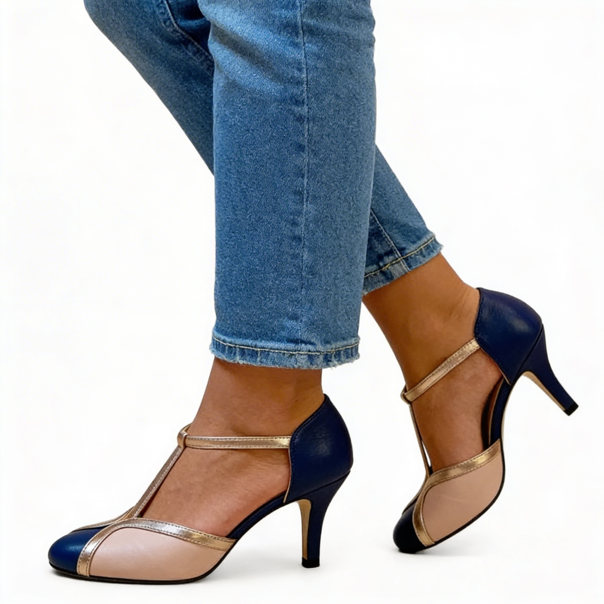 Round Toe T-Strap Ankle Strap Stiletto Heel Pumps