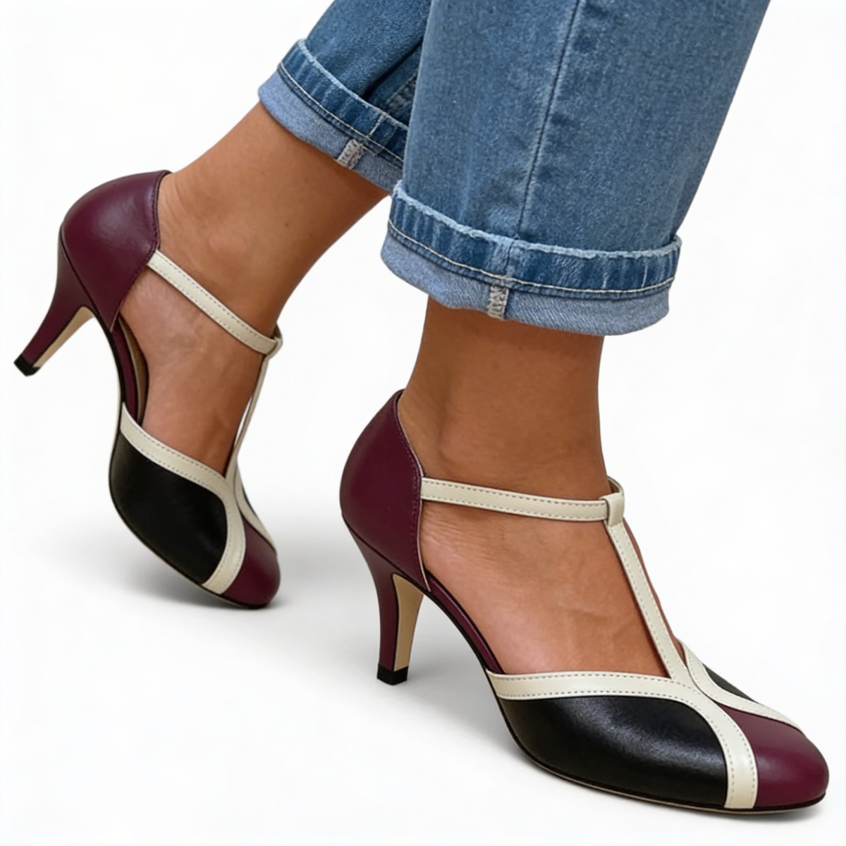 Round Toe T-Strap Ankle Strap Stiletto Heel Pumps