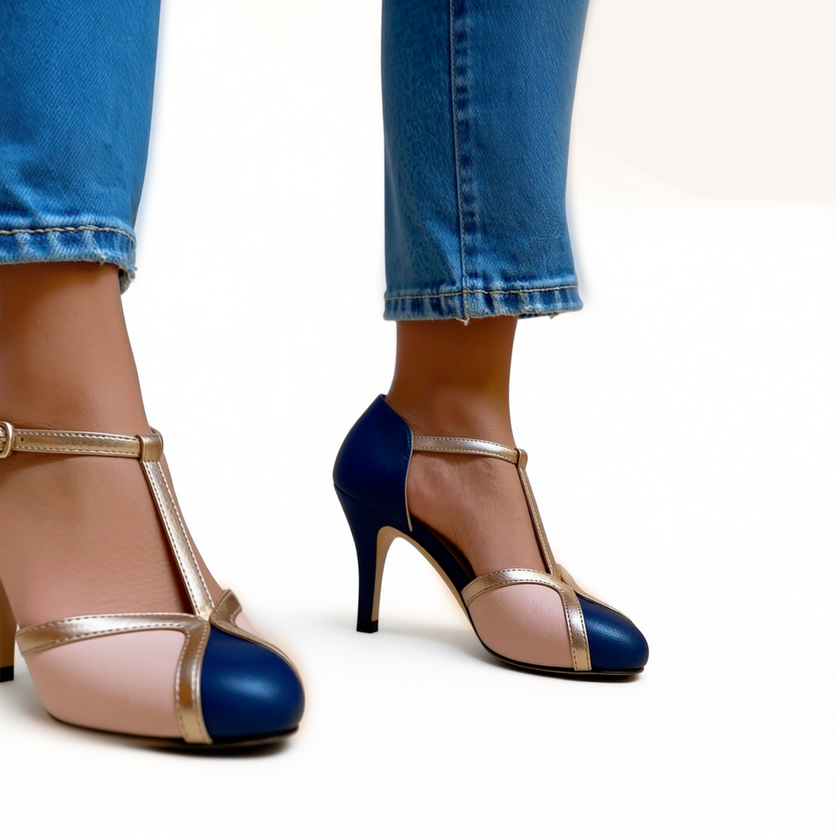 Round Toe T-Strap Ankle Strap Stiletto Heel Pumps