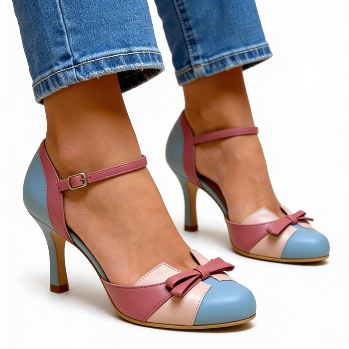 Cap Toe Ankle Strap Bow Stiletto Pumps