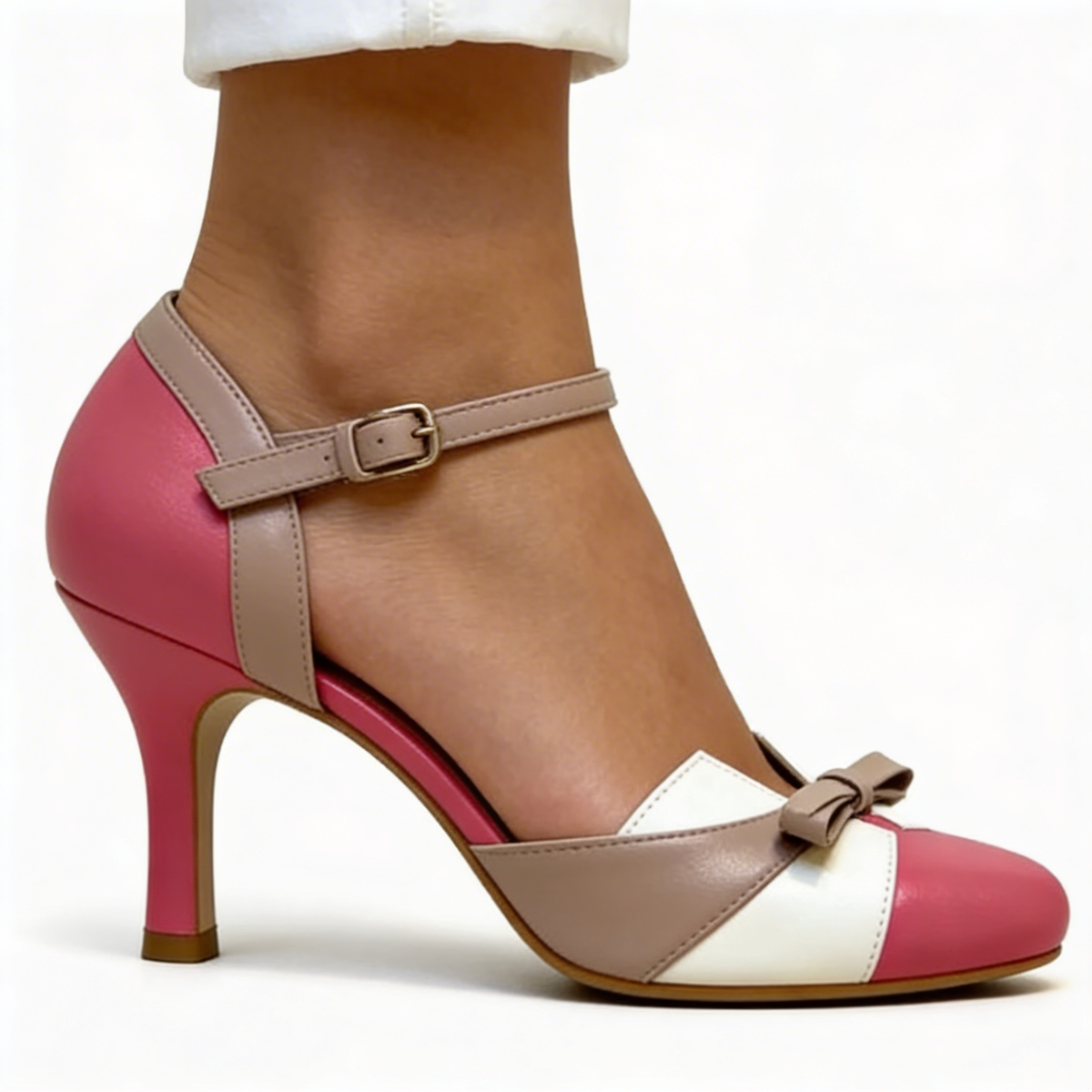 Bow Front Ankle Strap Round Toe Stiletto Pumps