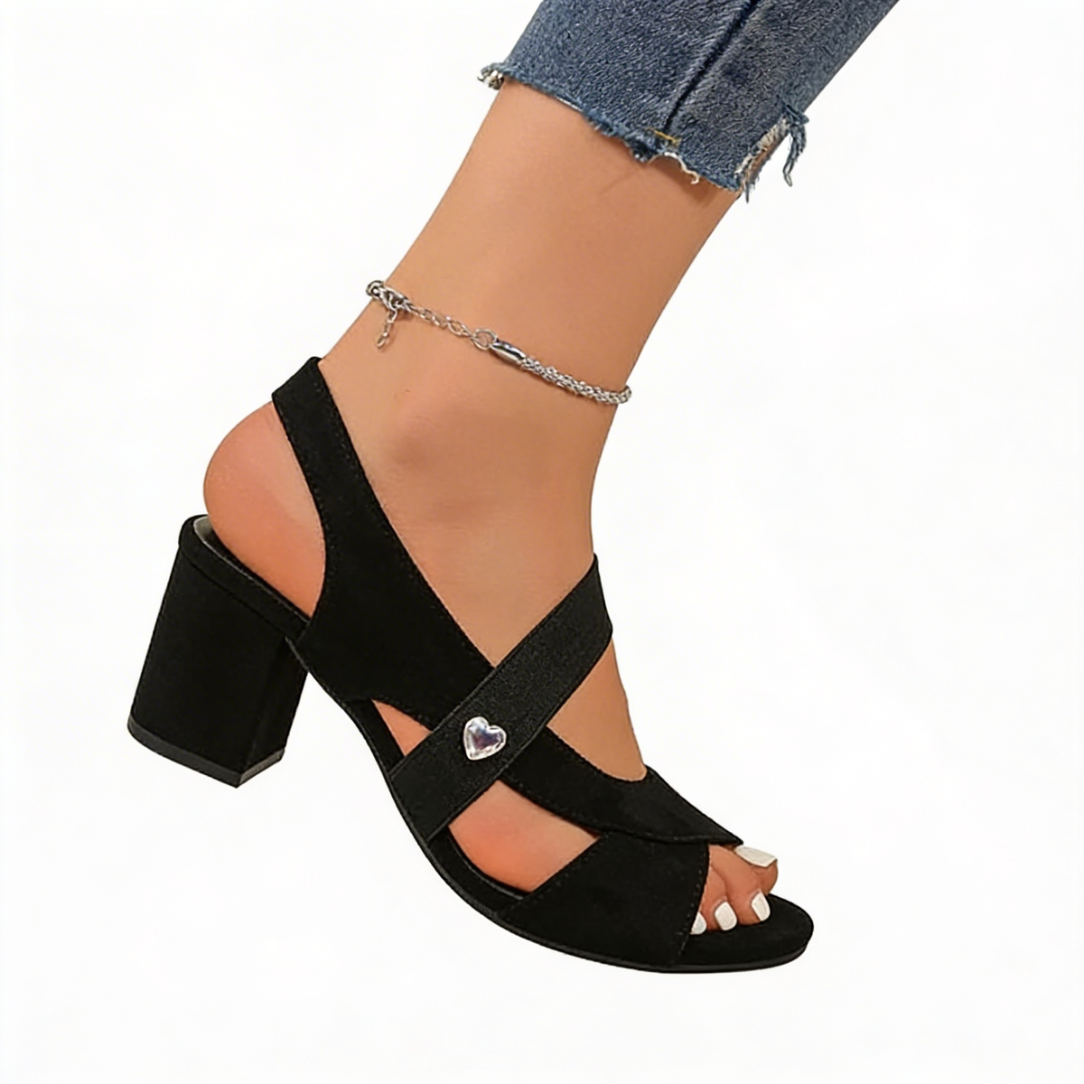 Peep Toe Elastic Strap Block Heel Sandals