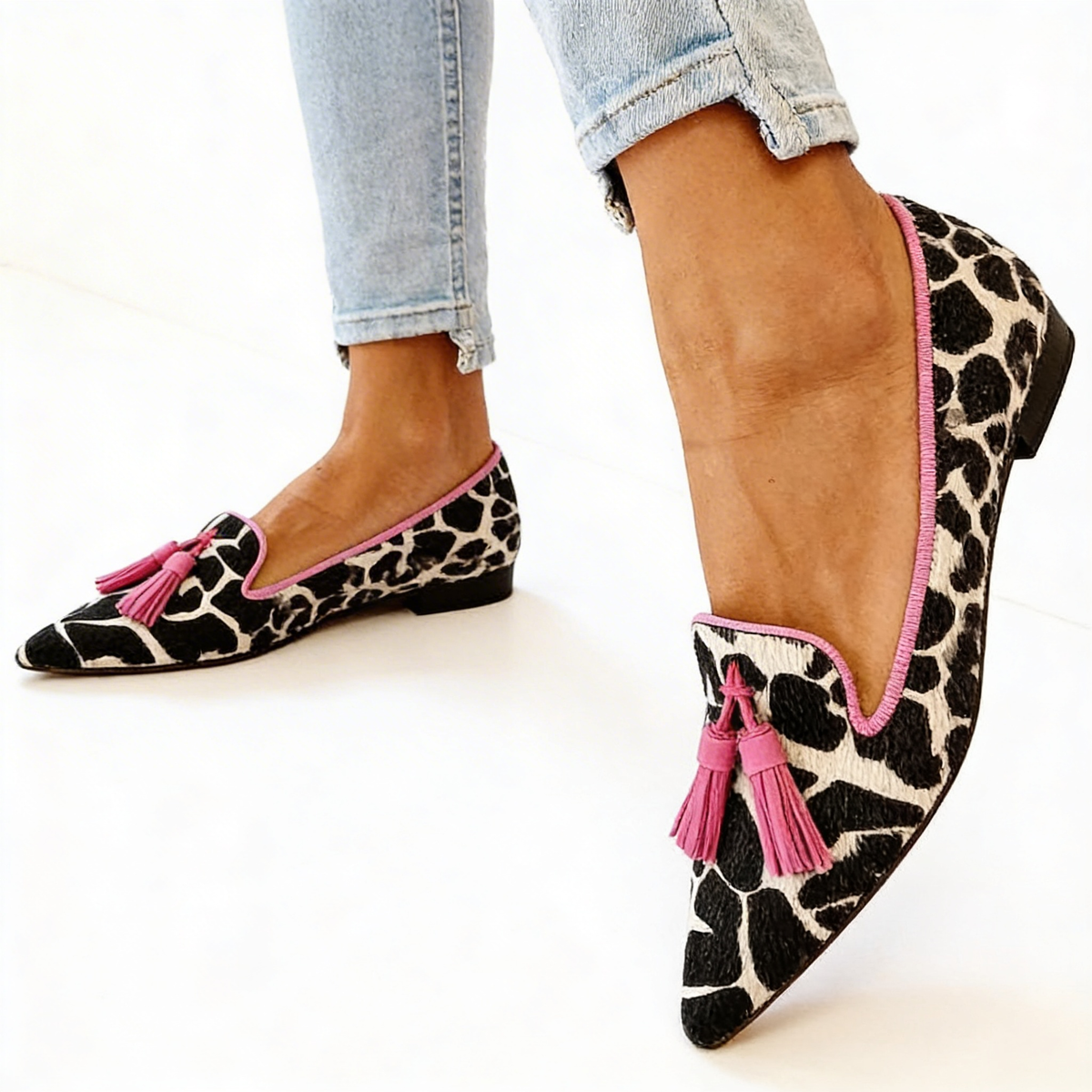 Animal Print Tassel Pointed Toe Loafer Flats