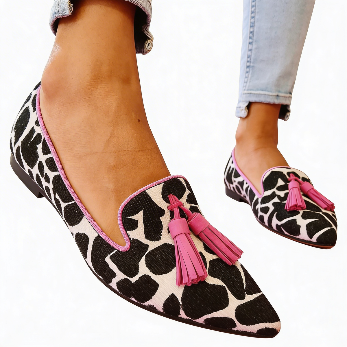 Animal Print Tassel Pointed Toe Loafer Flats
