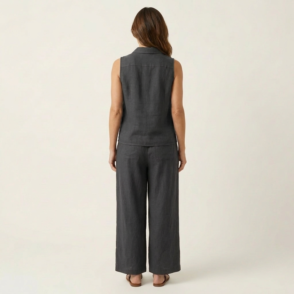 Sleeveless Collared Wrap Top and Tapered Leg Pants Two Piece Set