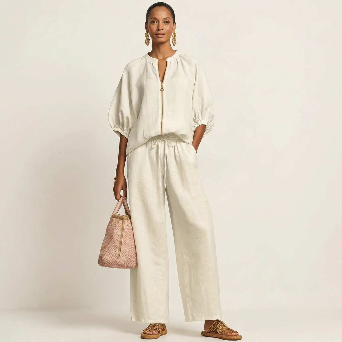 Puff Sleeve Zip Front Top and Wide Leg Pants Two Piece Set