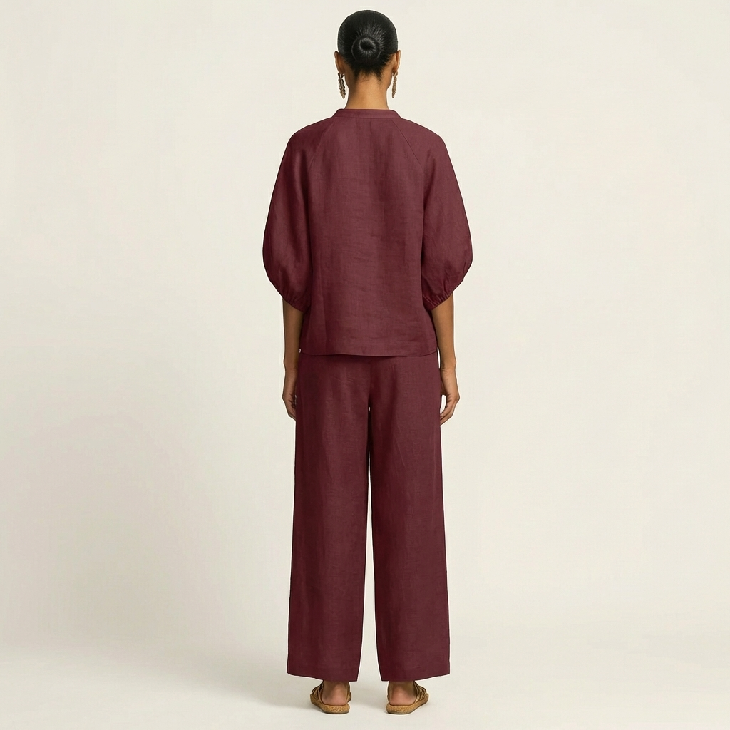 Puff Sleeve Zip Front Top and Wide Leg Pants Two Piece Set