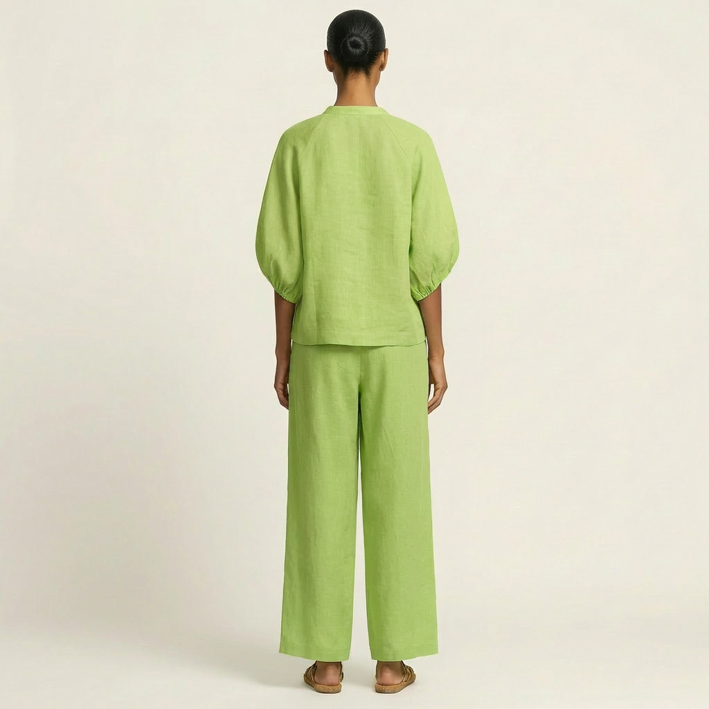 Puff Sleeve Zip Front Top and Wide Leg Pants Two Piece Set