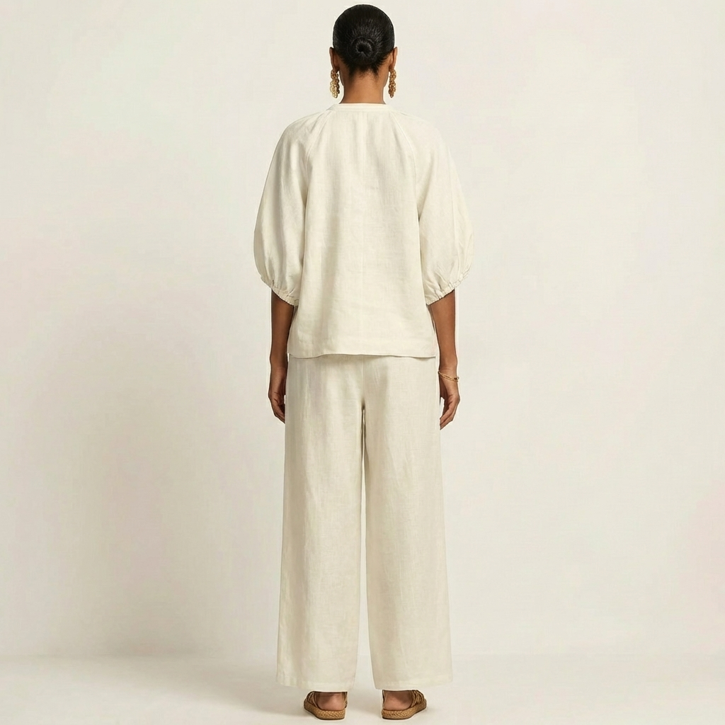 Puff Sleeve Zip Front Top and Wide Leg Pants Two Piece Set