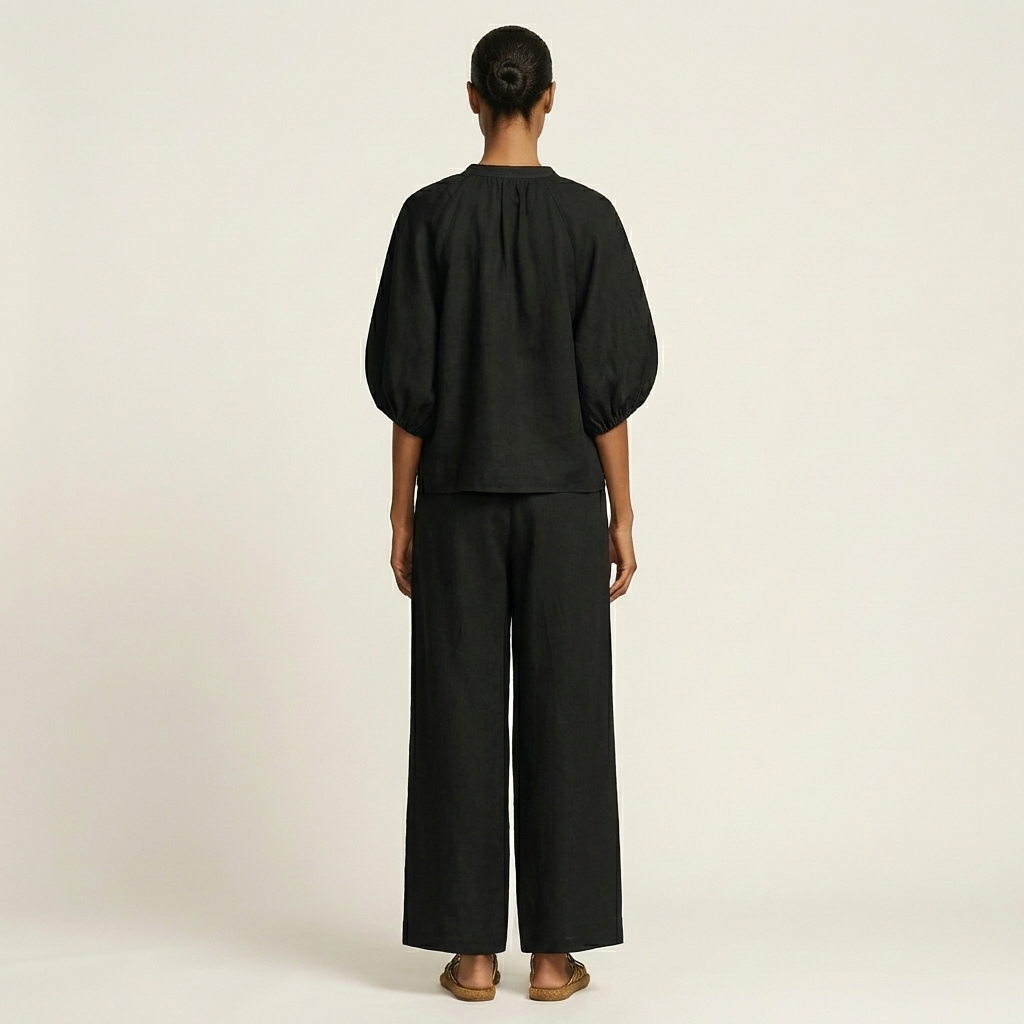 Puff Sleeve Zip Front Top and Wide Leg Pants Two Piece Set