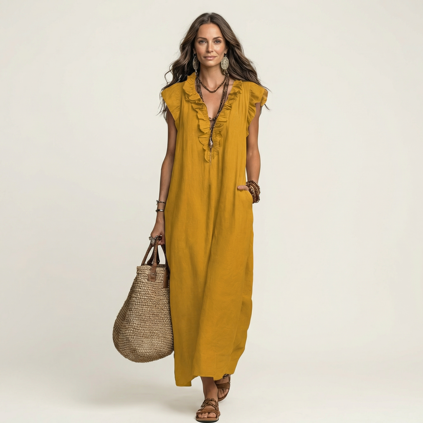 V-Neck Flutter Sleeve Ruffle Maxi Dress Summer 13