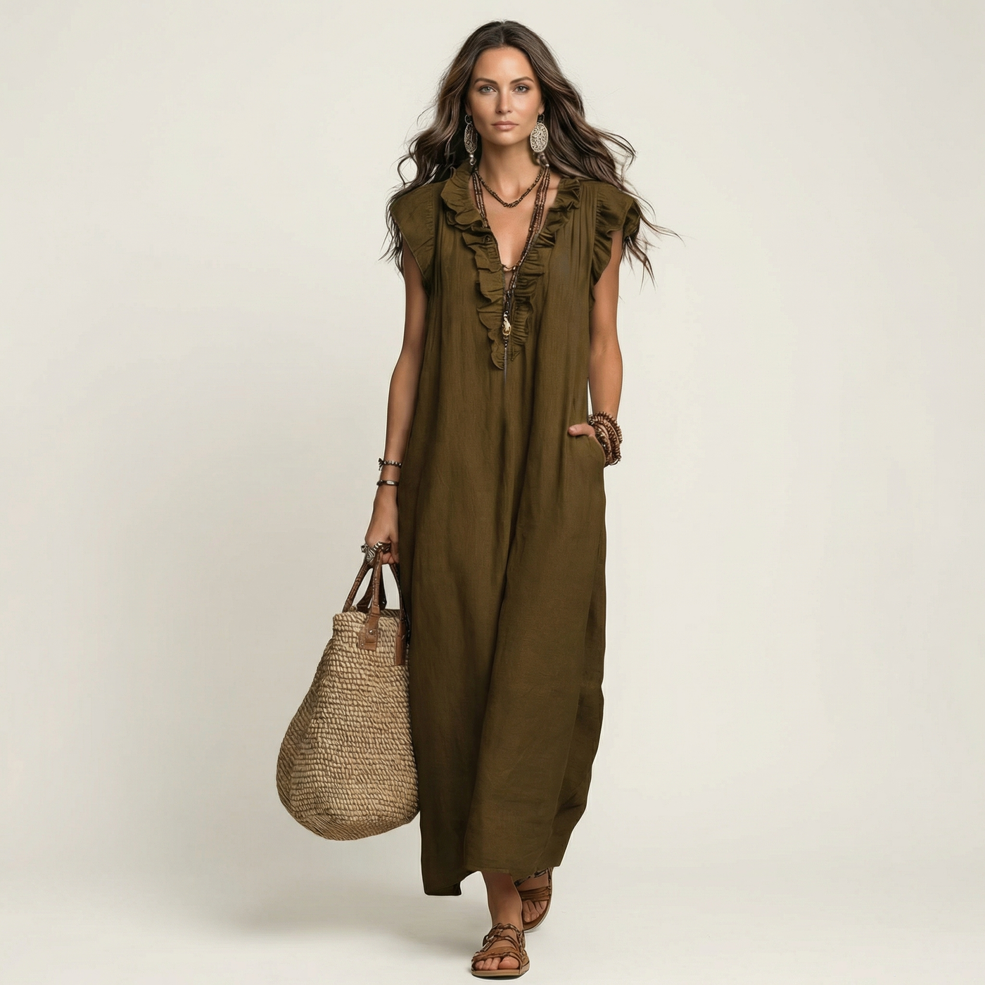 V-Neck Flutter Sleeve Ruffle Maxi Dress Summer 14