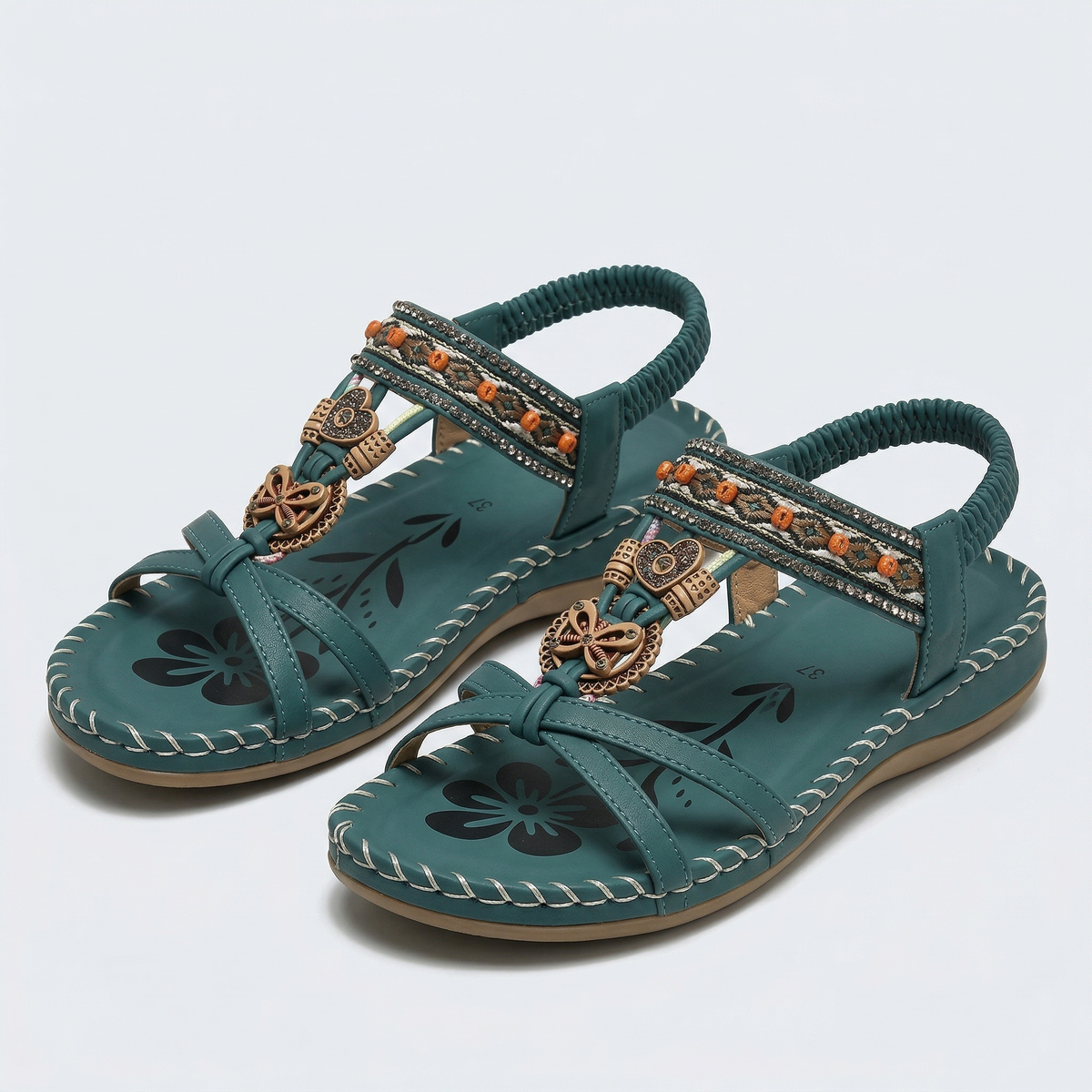 Beaded Boho T-Strap Flat Sandals