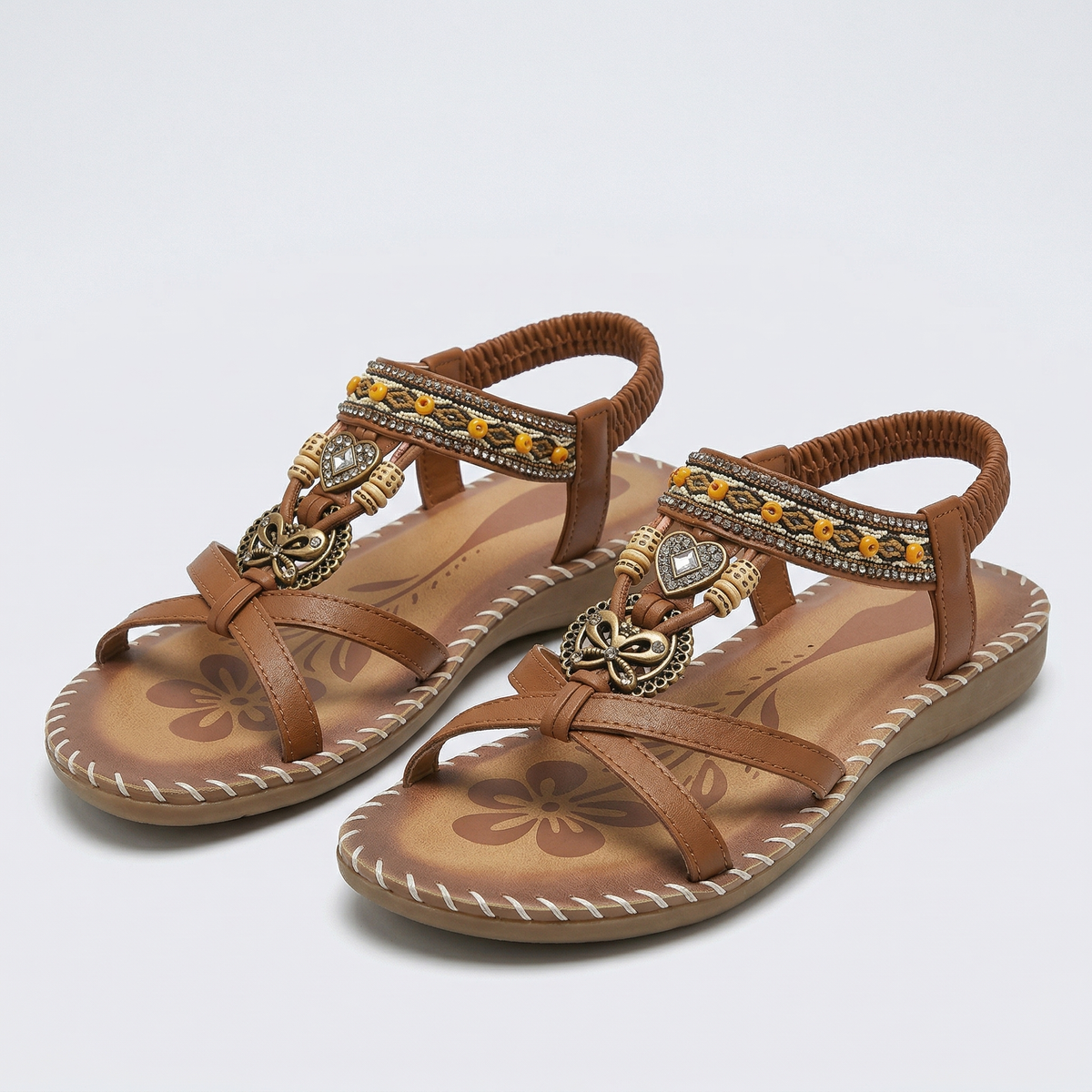 Beaded Boho T-Strap Flat Sandals