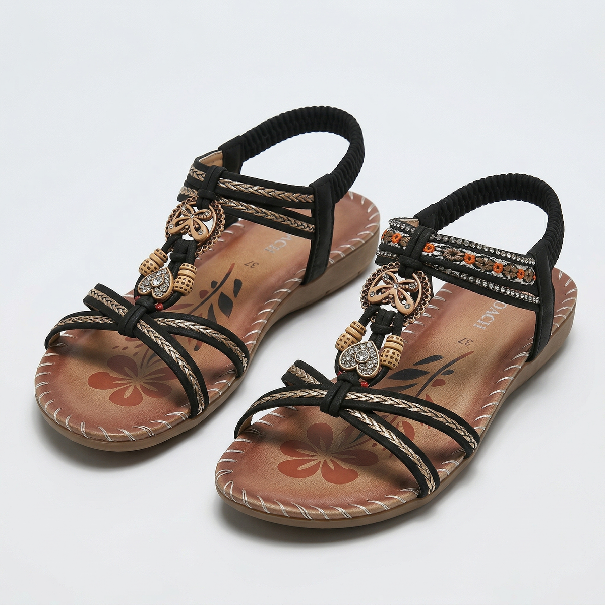 Beaded Boho T-Strap Flat Sandals
