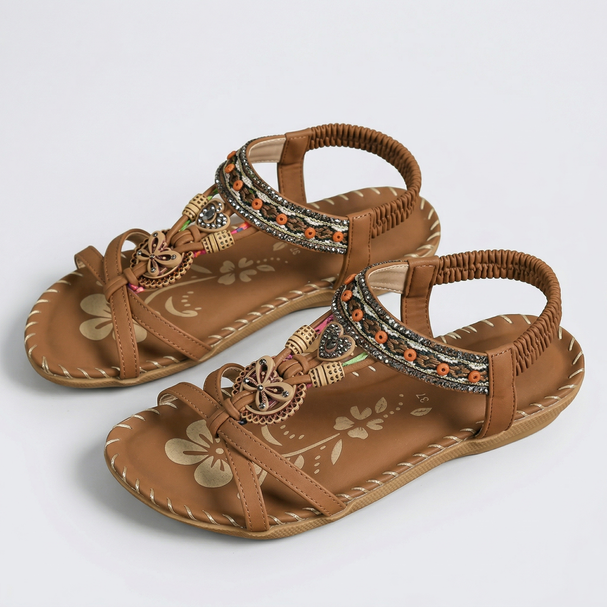 Beaded Boho T-Strap Flat Sandals