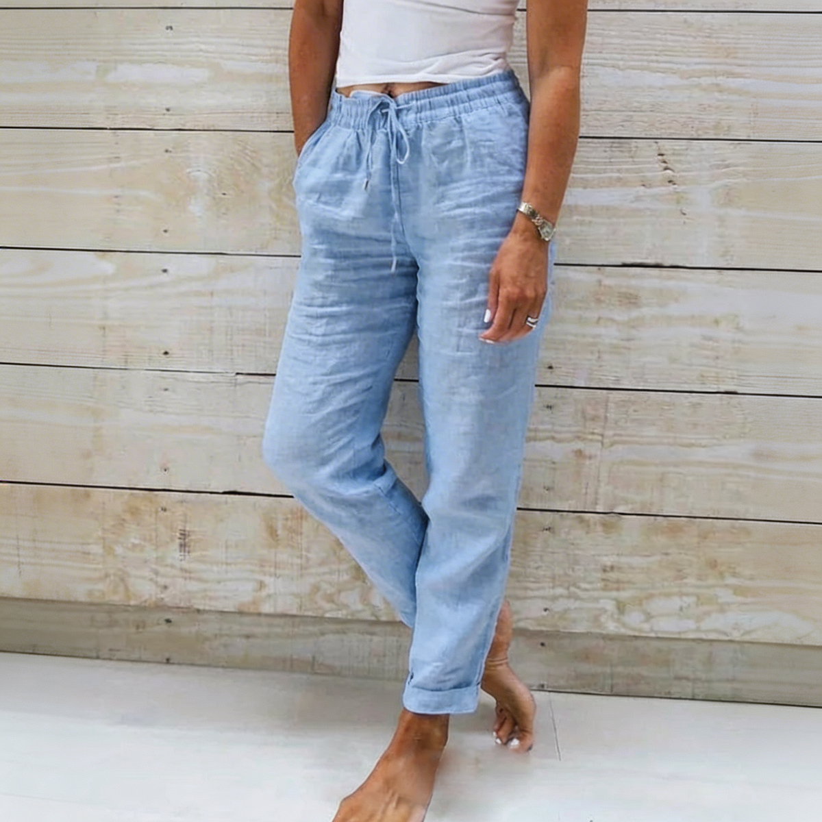 Drawstring High Waist Tapered Linen Look Pants