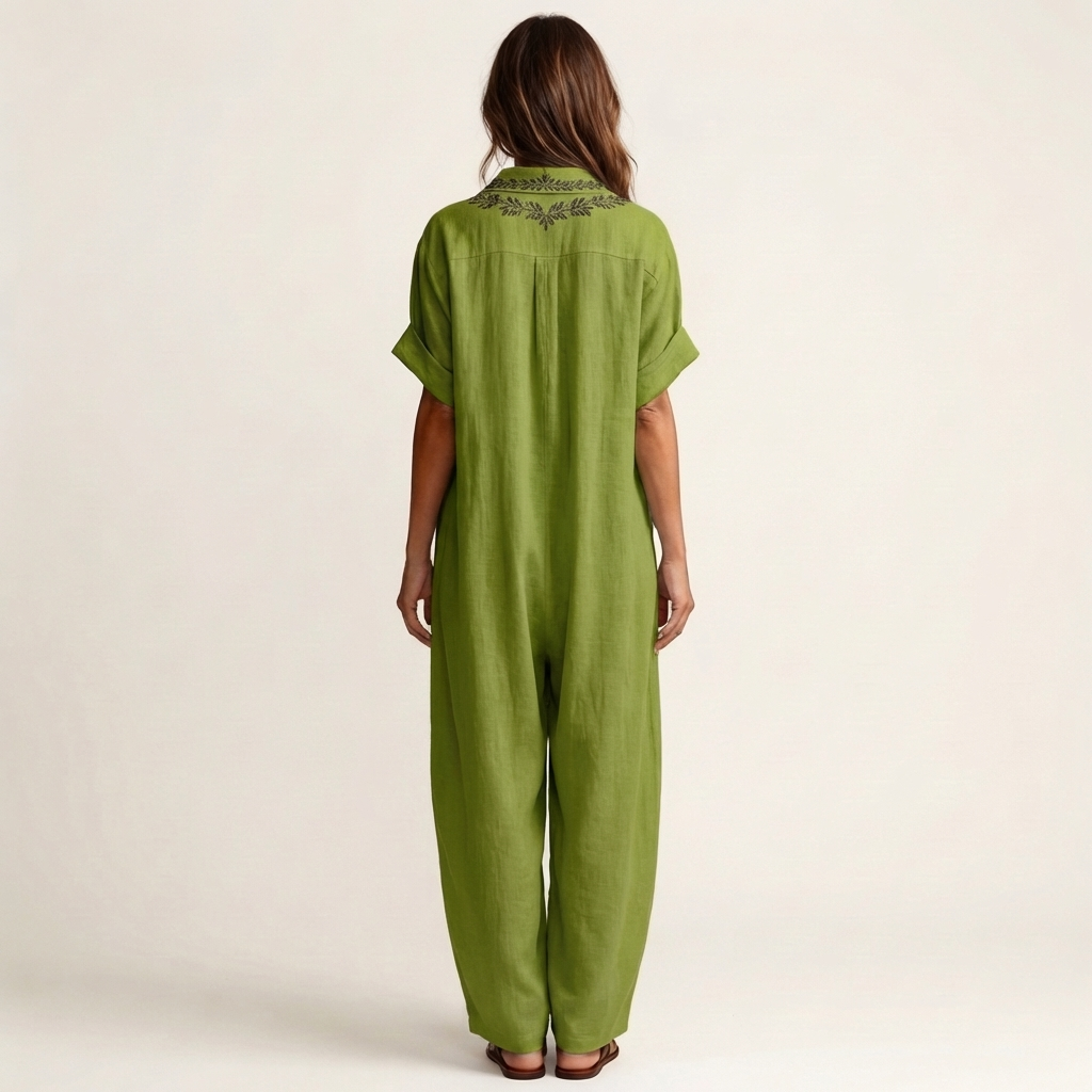 Embroidered V-Neck Collared Short Sleeve Linen Look Maxi Dress