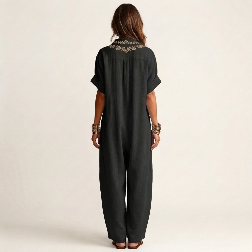 Embroidered V-Neck Collared Short Sleeve Linen Look Maxi Dress