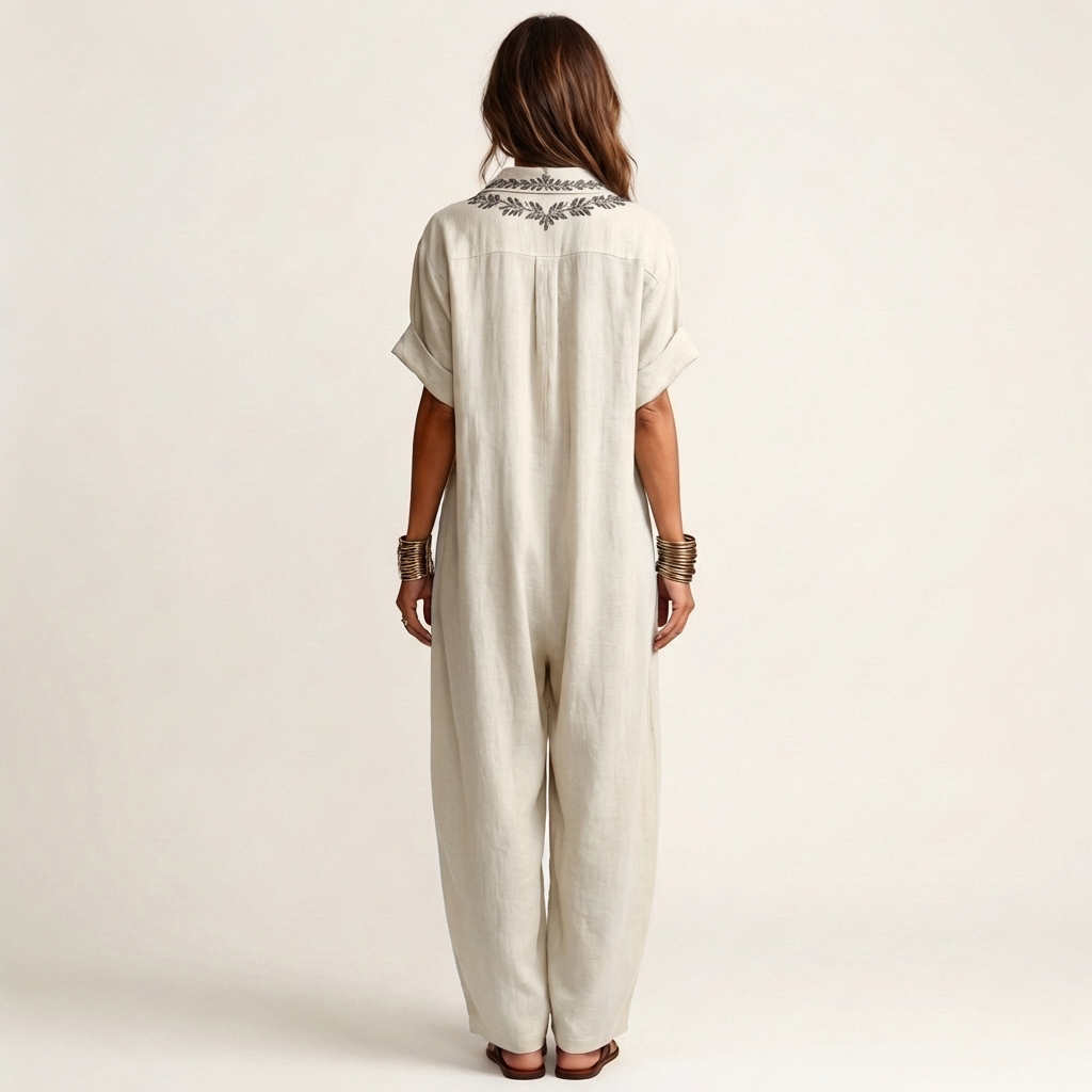 Embroidered V-Neck Collared Short Sleeve Linen Look Maxi Dress