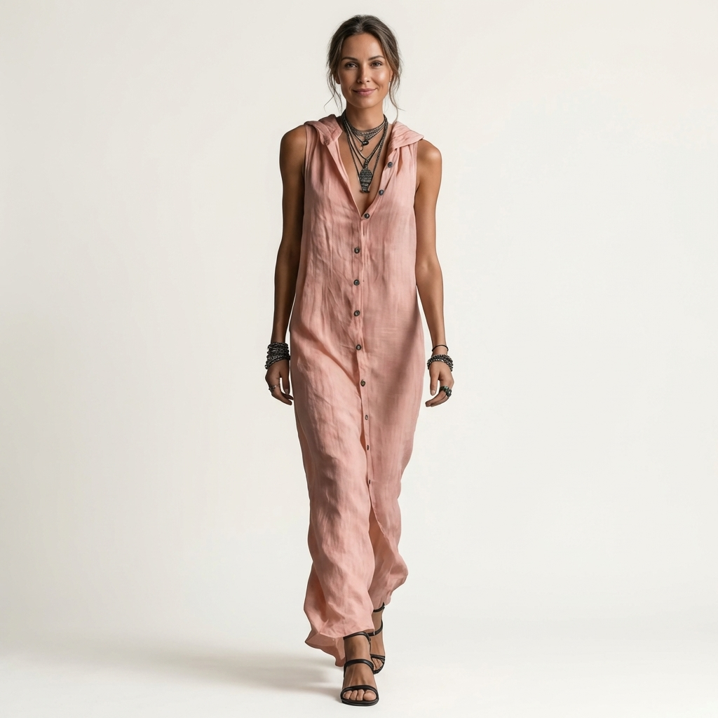 Collared Button Front Sleeveless Maxi Shirt Dress