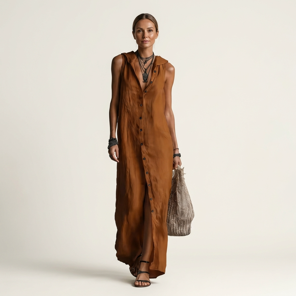 Collared Button Front Sleeveless Maxi Shirt Dress