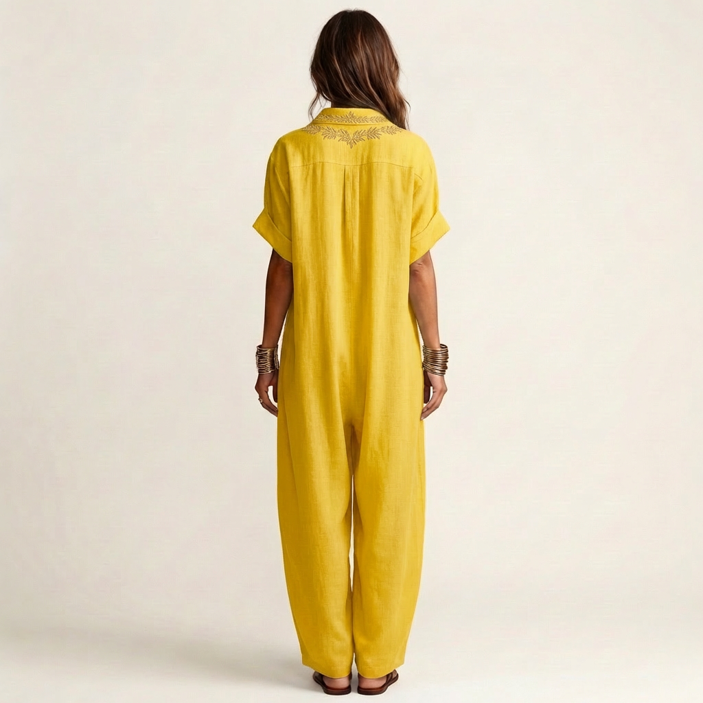 Embroidered V-Neck Collared Short Sleeve Linen Look Maxi Dress