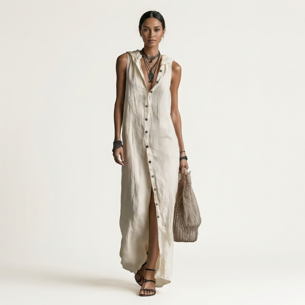 Collared Button Front Sleeveless Maxi Shirt Dress