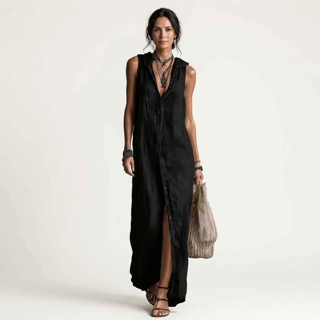 Collared Button Front Sleeveless Maxi Shirt Dress