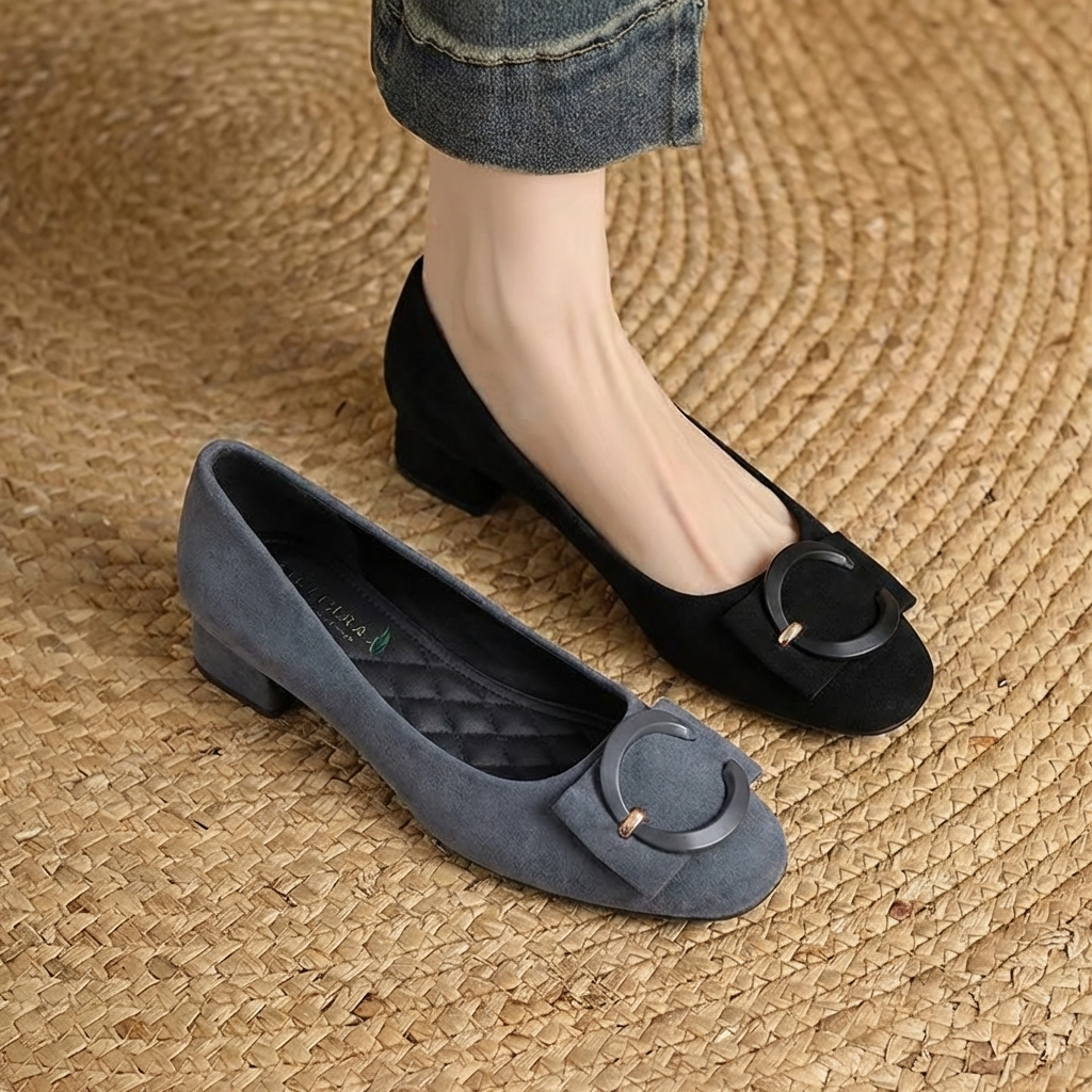 Round Toe Buckle Low Block Heel Suede Pumps