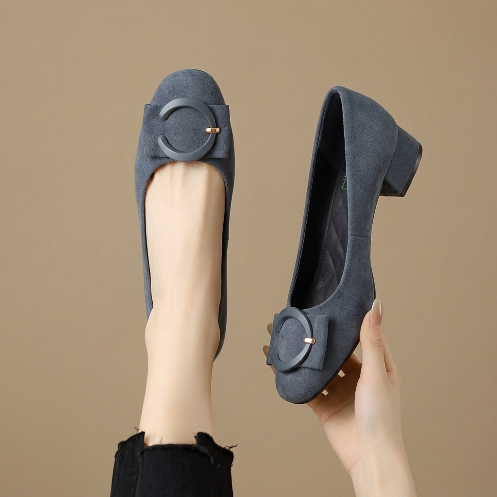 Square Toe Buckle Suede Look Low Heel Flats