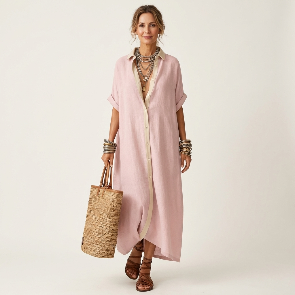 Contrast Placket Button Front Short Sleeve Maxi Shirt Dress