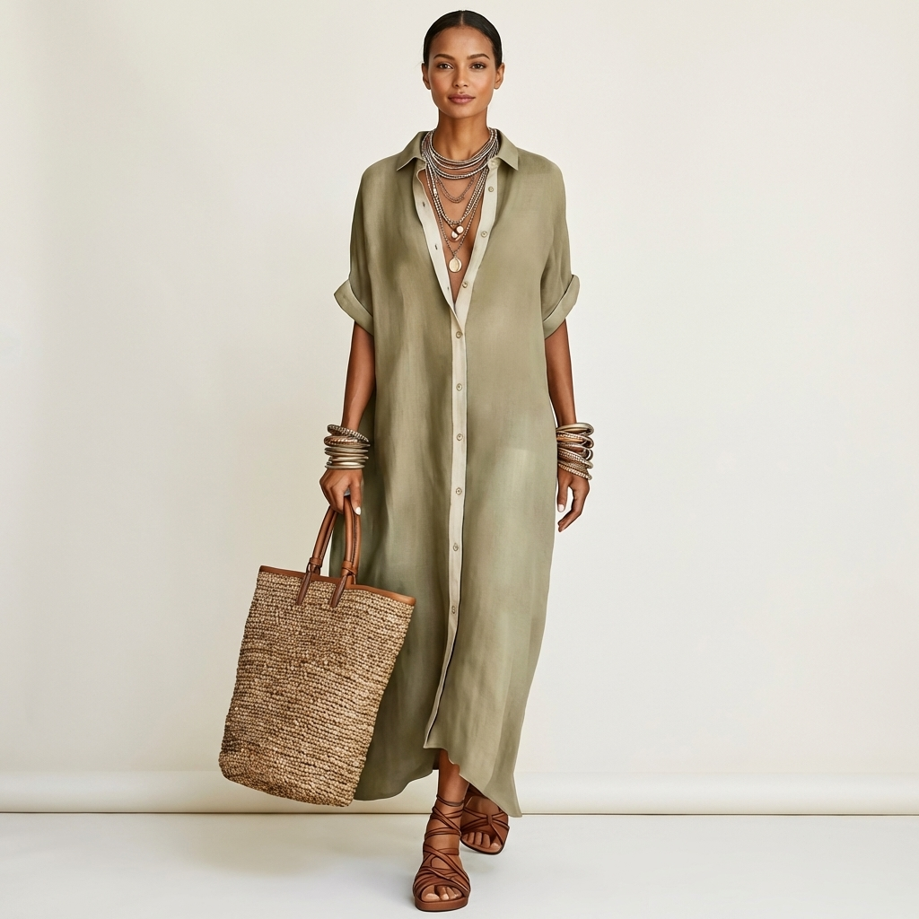 Contrast Placket Button Front Short Sleeve Maxi Shirt Dress