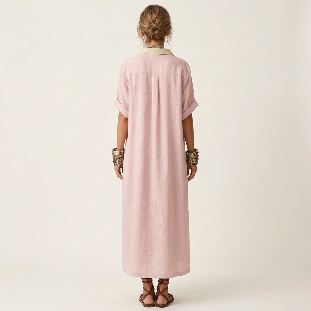 Contrast Placket Button Front Short Sleeve Maxi Shirt Dress