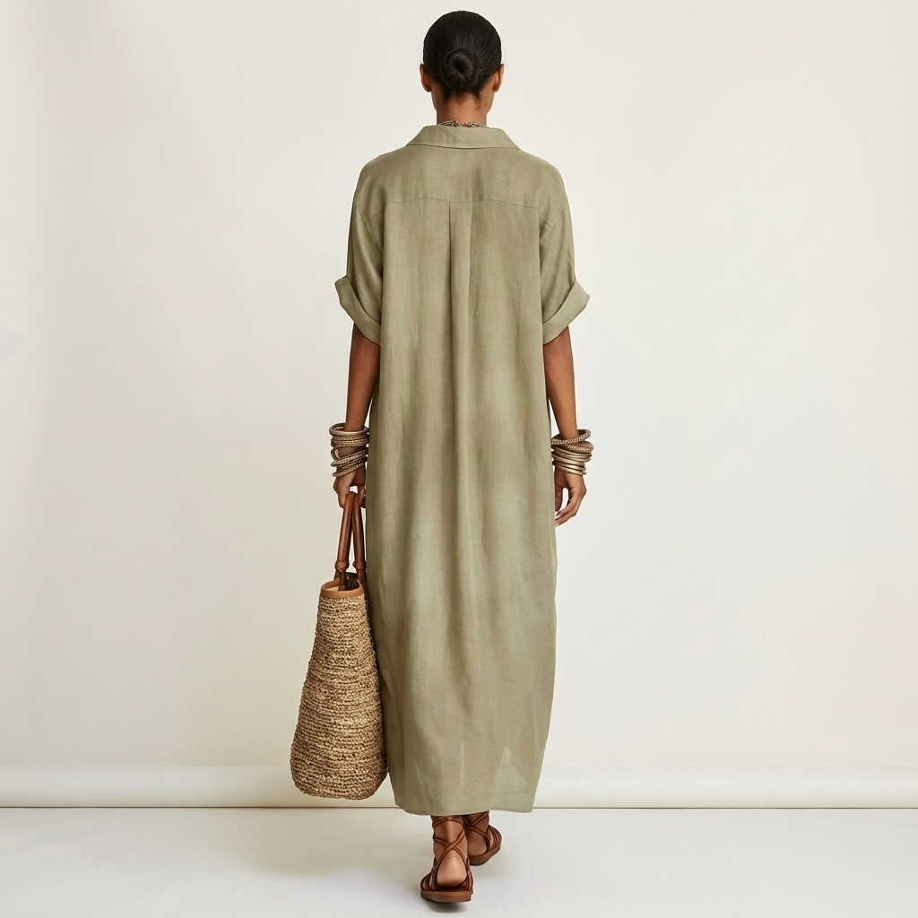 Collared Short Sleeve Contrast Placket Maxi Shirt Dress 4