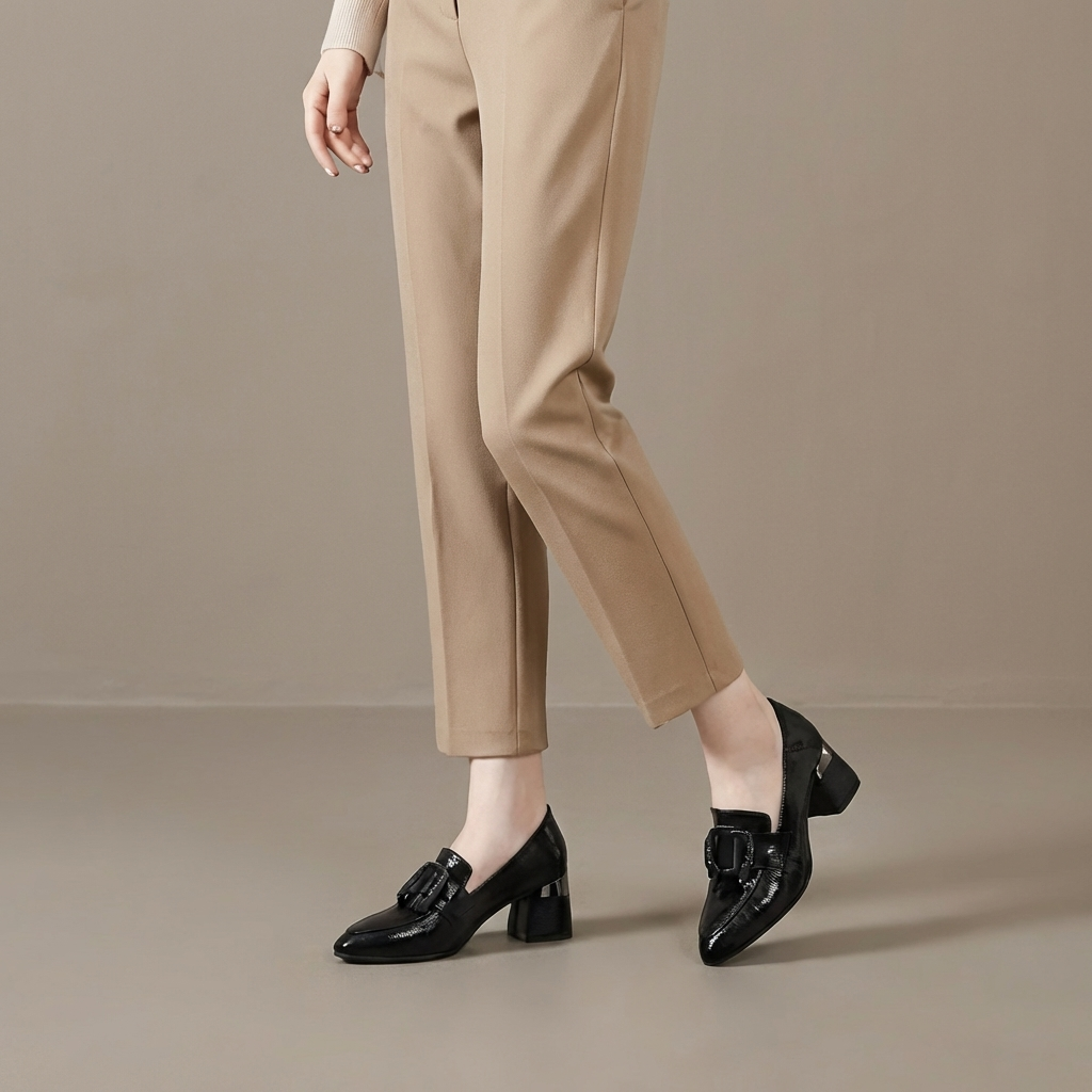 Square Toe Buckle Detail Block Heel Loafer Pumps