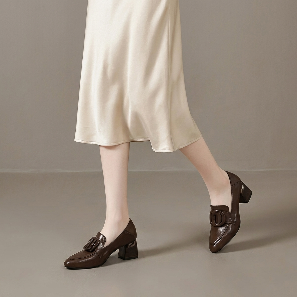 Square Toe Buckle Detail Block Heel Loafer Pumps