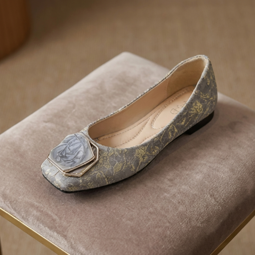 Square Toe Buckle Ornament Flat Ballet Shoes