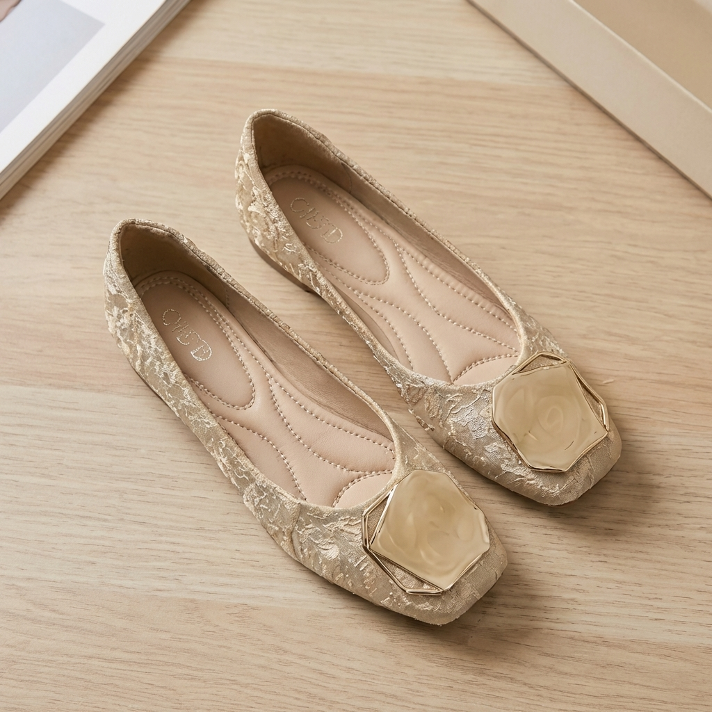 Square Toe Buckle Ornament Flat Ballet Shoes