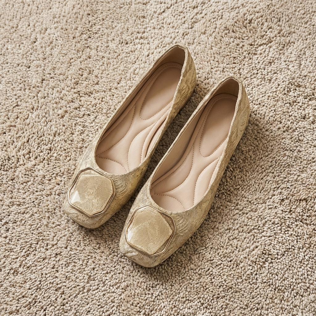Square Toe Buckle Ornament Flat Ballet Shoes