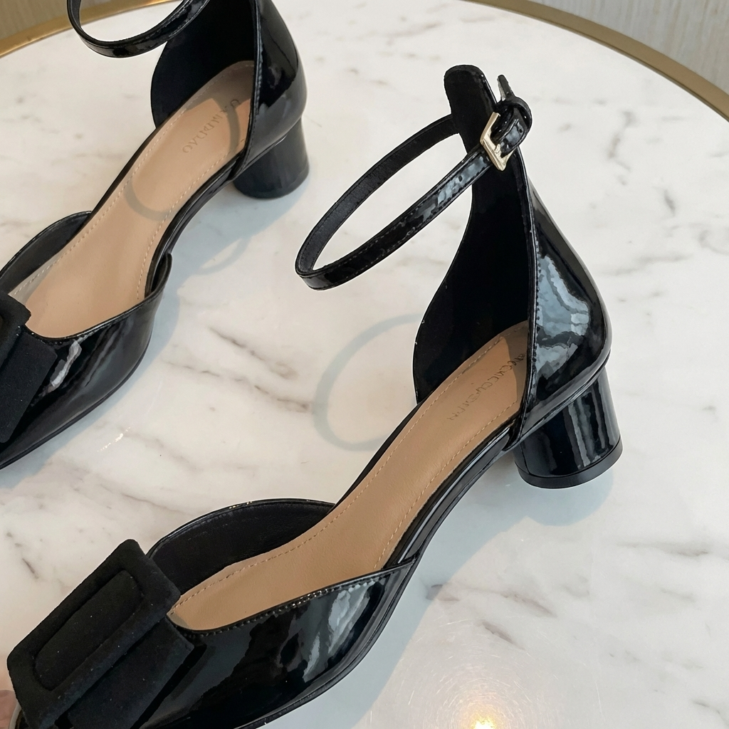 Square Toe Ankle Strap Buckle Block Heel Pumps