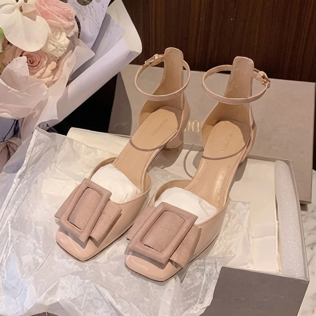 Square Toe Ankle Strap Buckle Block Heel Pumps