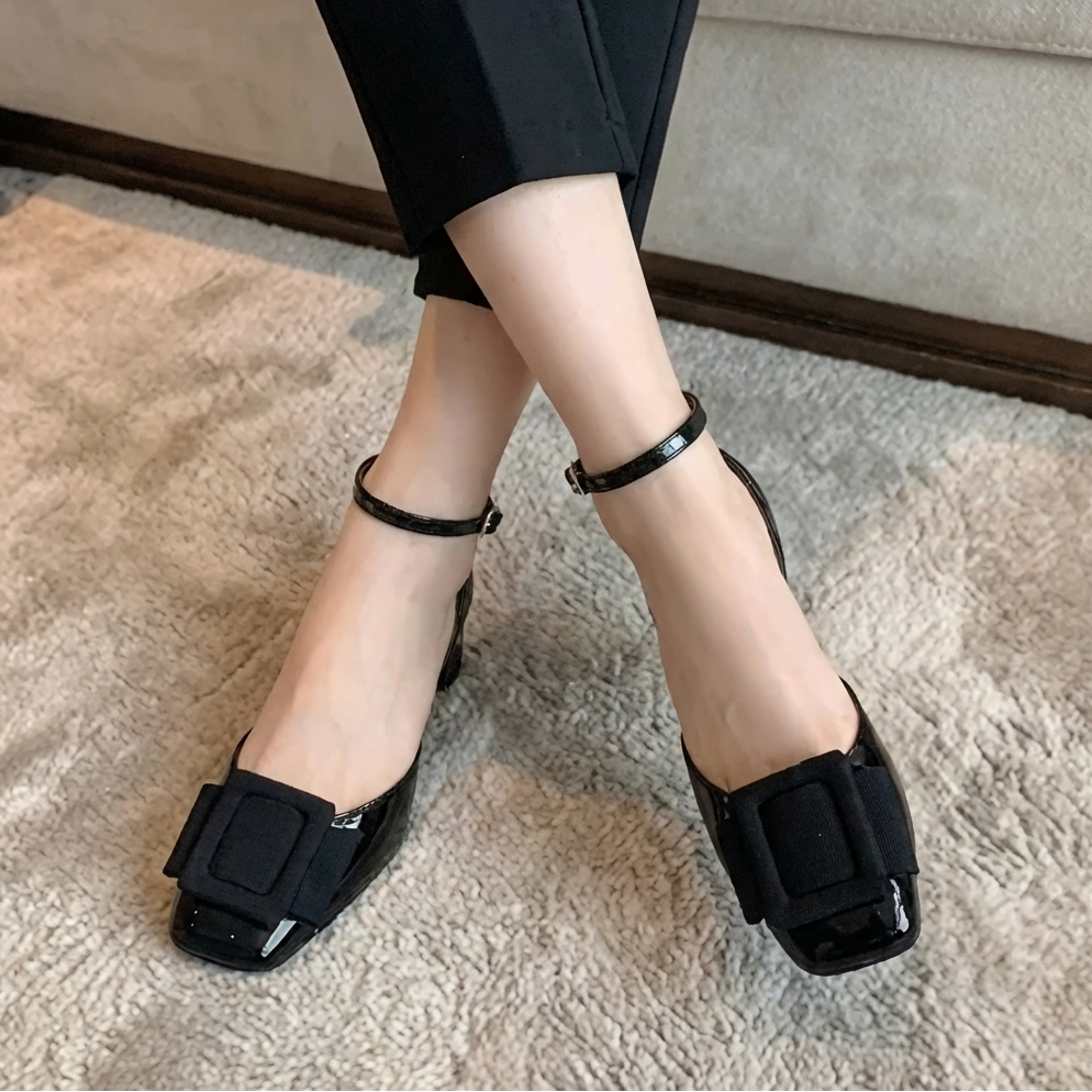 Square Toe Ankle Strap Buckle Block Heel Pumps