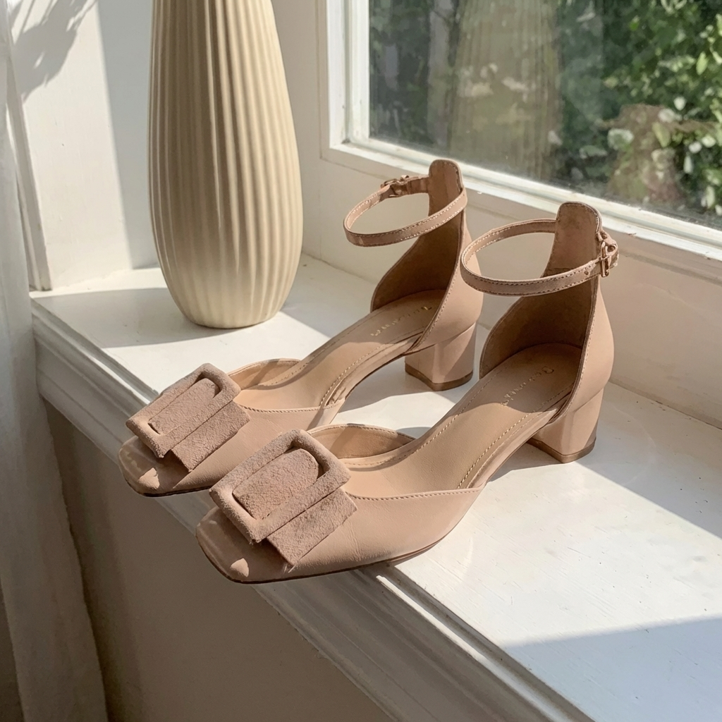Square Toe Ankle Strap Buckle Block Heel Pumps