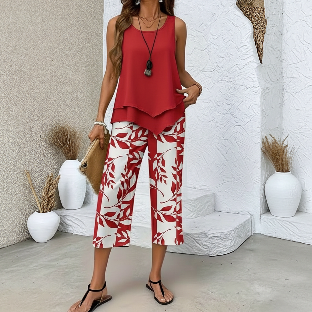 Sleeveless Layered Top and Leaf Print Cropped Pants Two Piece Set