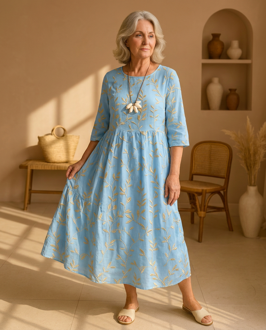 Leaf Embroidered Round Neck Tiered Midi Dress