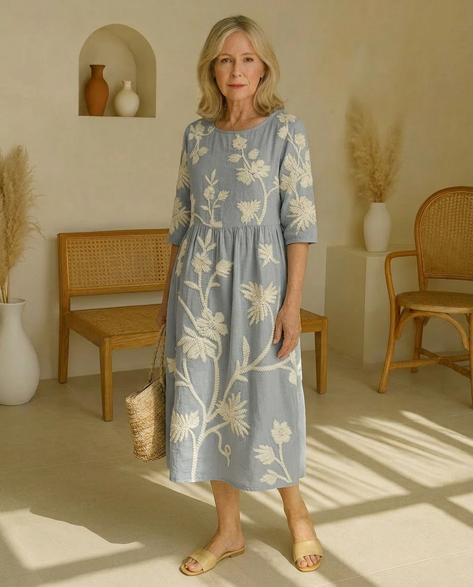 Floral Embroidered Round Neck Half Sleeve Midi Dress